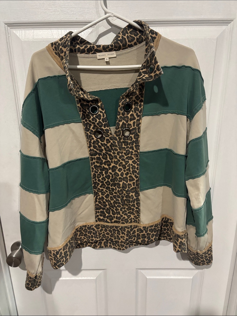 Striped Green & Cream Rugby Top with Leopard Trim